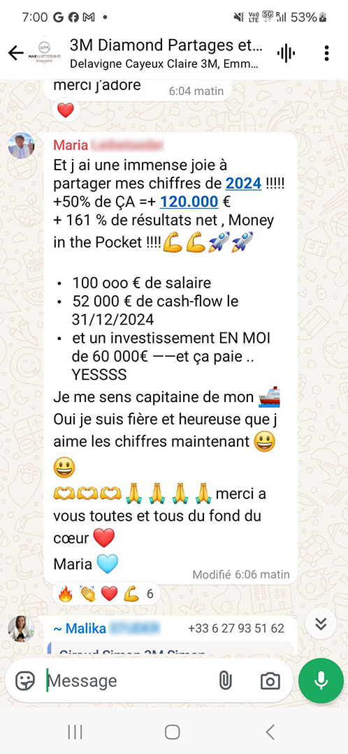 “En 12 mois grâce aux 3M : +50% de CA et +161% de résultat net !”- Maria, chef d’entreprise dans la revente d’argile